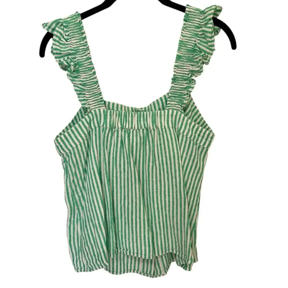 J. Crew Green Striped Linen Button Front Ruffle Top Small